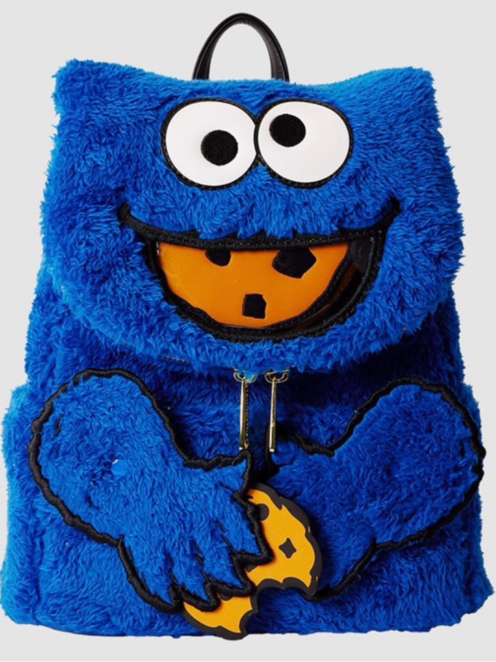 Loungefly Cookie Monster Plush Backpack in Bright Blue with Orange Cookie Detail